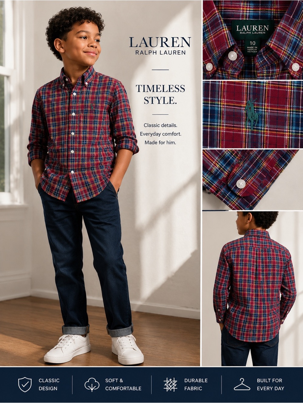 Lauren Ralph Lauren Boys' Red Plaid Button-Down Shirt size 10